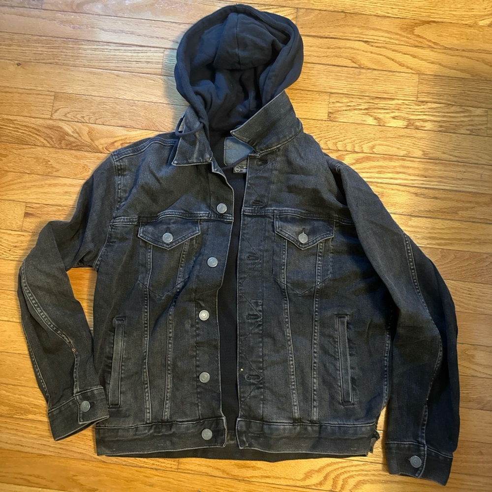 American Eagle Outfitters Black Denim Jacket with Hood